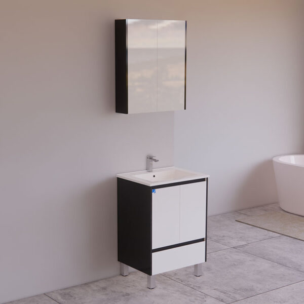 This is a finger pull bathroom vanity with 2 soft close doors and 1 soft close drawer, including a ceramic sink, a vanity cabinet and a mirror cabinet, there is gloss white color on the cabinet fronts and gloss black color on the cabinet sides. The vanity cabinet can be made of MDF, PVC or plywood, it is 600mm wide and in floor standing style.